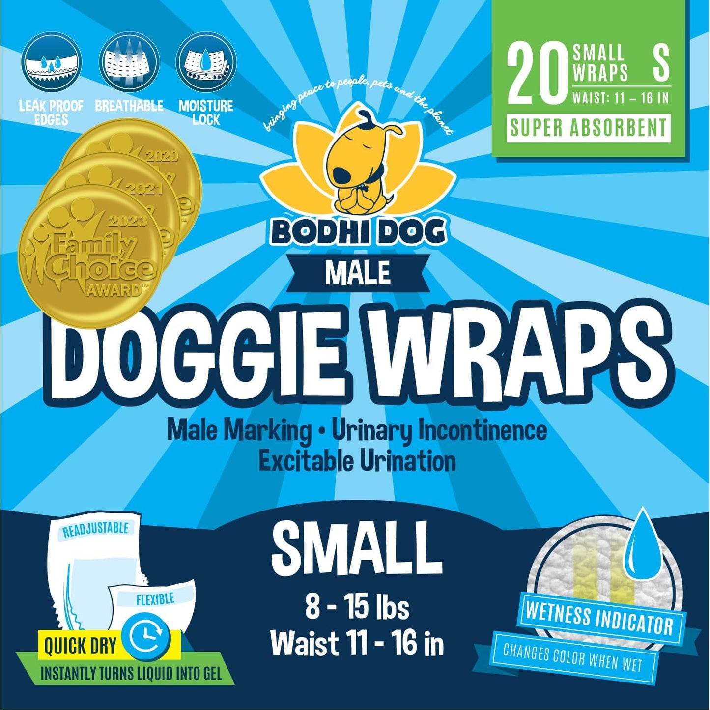Disposable Male Dog Diapers | Super Absorbent Leak-Proof Fit | Premium Adjustable Male Dog Pee Wraps with Moisture Control & Wetness Indicator | 20 Count Small Size