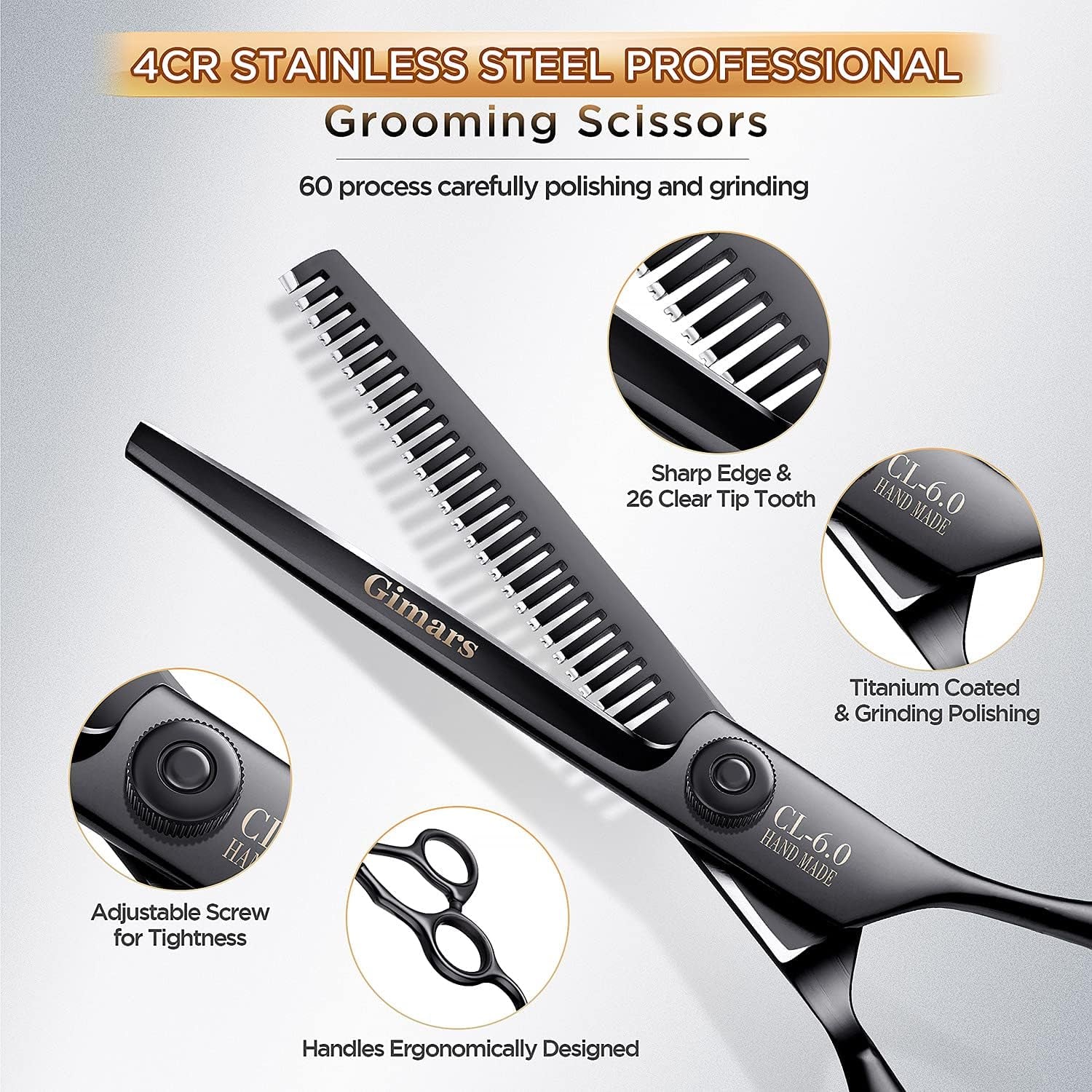 4CR Stainless Steel Safety round Tip 6 in 1 Professional Dog Grooming Scissors Kit, Heavy Duty Titanium Coated Straight & Thinning & Curved Shears & Comb Set for Dog & Cat Grooming