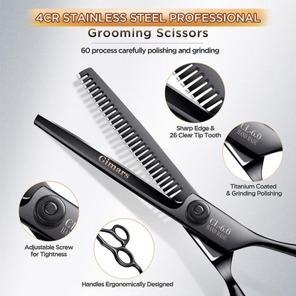 4CR Stainless Steel Safety round Tip 6 in 1 Professional Dog Grooming Scissors Kit, Heavy Duty Titanium Coated Straight & Thinning & Curved Shears & Comb Set for Dog & Cat Grooming
