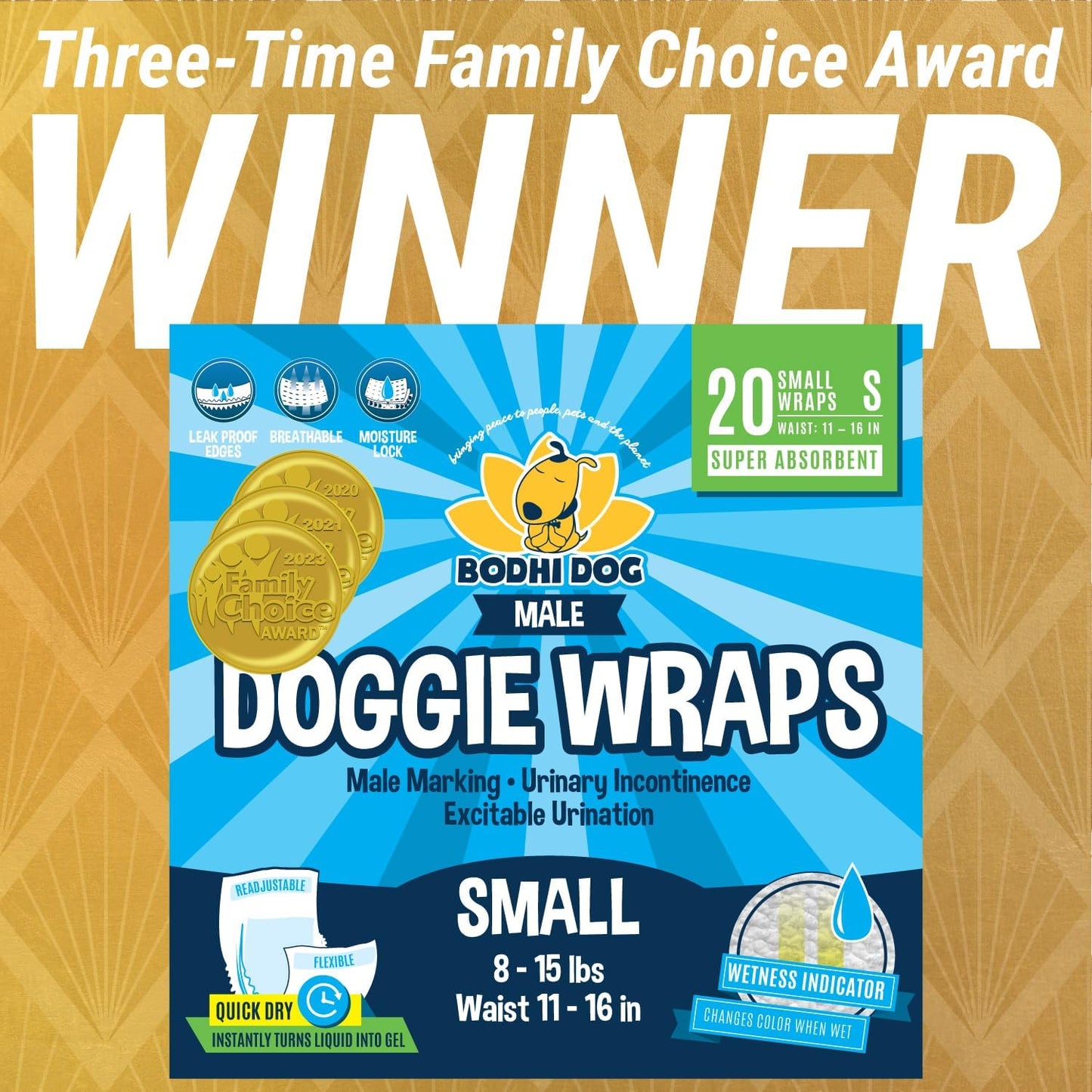 Disposable Male Dog Diapers | Super Absorbent Leak-Proof Fit | Premium Adjustable Male Dog Pee Wraps with Moisture Control & Wetness Indicator | 20 Count Small Size