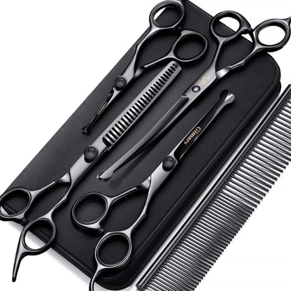 4CR Stainless Steel Safety round Tip 6 in 1 Professional Dog Grooming Scissors Kit, Heavy Duty Titanium Coated Straight & Thinning & Curved Shears & Comb Set for Dog & Cat Grooming